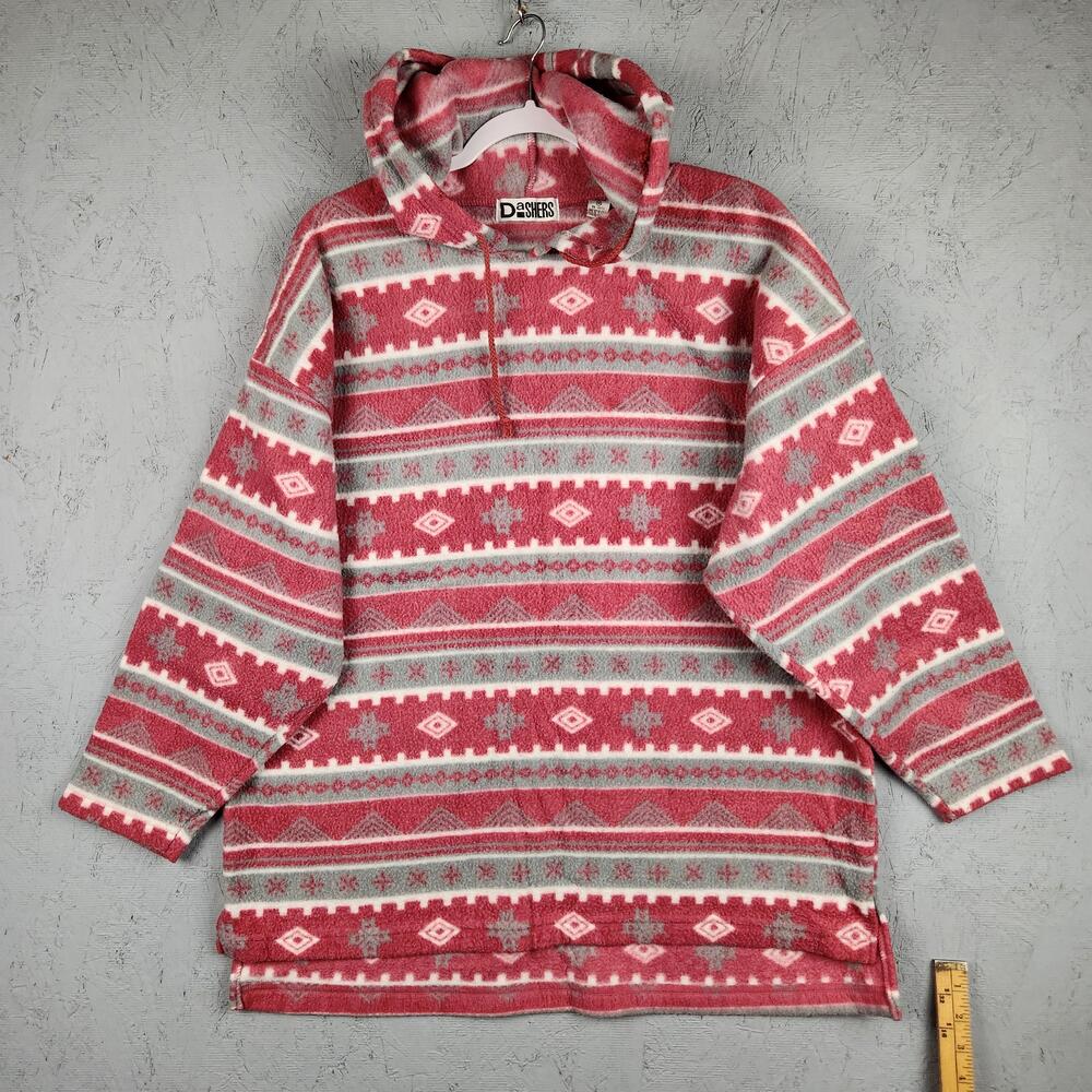 Vintage Dashers Hoodie Mens Medium Pink Gray Fleece Aztec Tribal Long Pullover